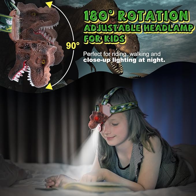 Nitigo Dinosaur Headlamp for Kids Flashlight 2 Pack, Rechargeable Led Headlights Roar & Silent Mode, T-Rex Dinosaur Toys 3-5 4-6 5-7 6-8, Camping Gear, Easter Gifts for Boys Girls Adults