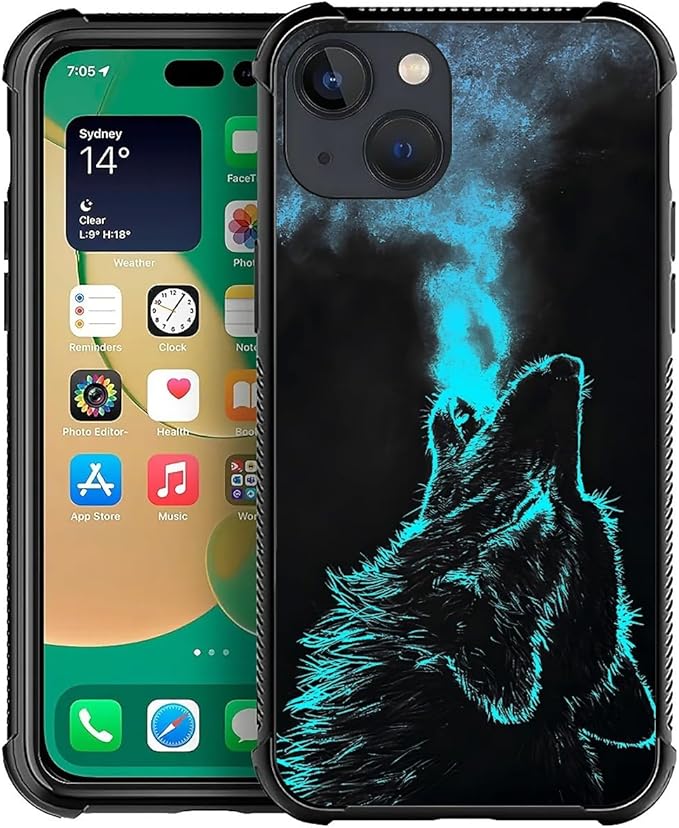 for iPhone 14 Case, Blue Breathing Wolf Pattern Graphic Design Girl Boy Soft Silicone Hard Acrylic Shock Protection for iPhone 14