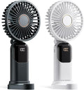 GOCKERA Portable Fan, 4200mAh Battery Operated Fan, 5 Speeds&Digital Display, Makeup Fans for Women with Base, 180°Foldable 3in1 Handheld/Neck/Desk Fan for Outdoor Indoor,Ultra Quiet (Black white)