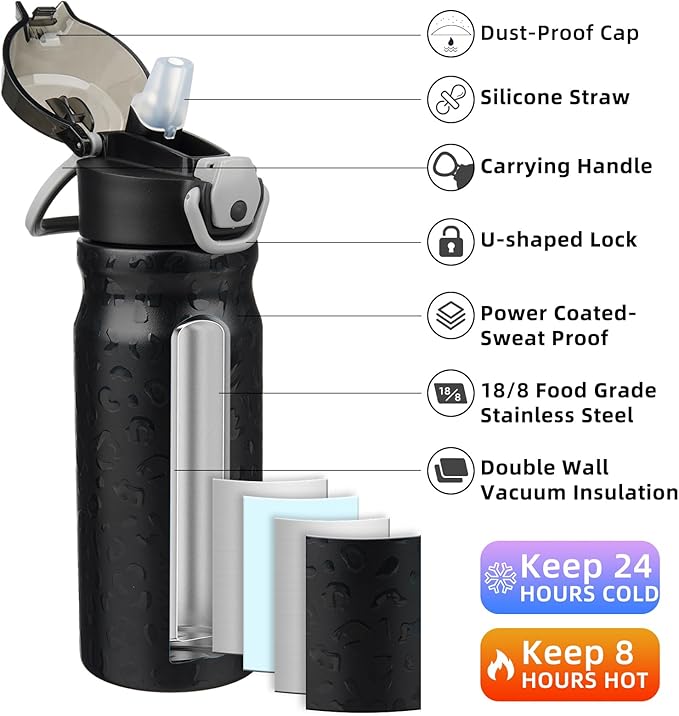 BJPKPK 18oz Insulated Water Bottle with Straw Stainless Steel Double Wall Water Bottles BPA Free Leak Proof Thermal Flask with Lockable Flip Lid and Soft Silicone Spout,Black Leopard