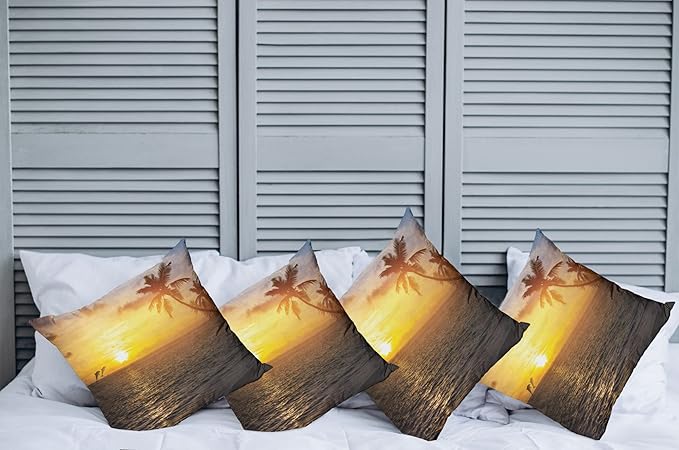 Ambesonne Beach Decorative Throw Pillow Case Pack of 4, Palm Trees in Tropical Island Beach Jumping Fishes and Majestic Sunset Image, Cushion Cover for Couch Living Room Car, 18", Bluegrey Yellow