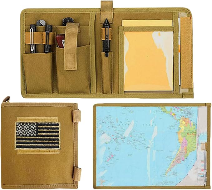 Tactical Map Case Multifunctional Map Pouch with Pen EDC Tool Holder Map Protector Foldable Map Storage Bag with Clear Window for Reading Map while Outdoors or Hiking (Khaki)