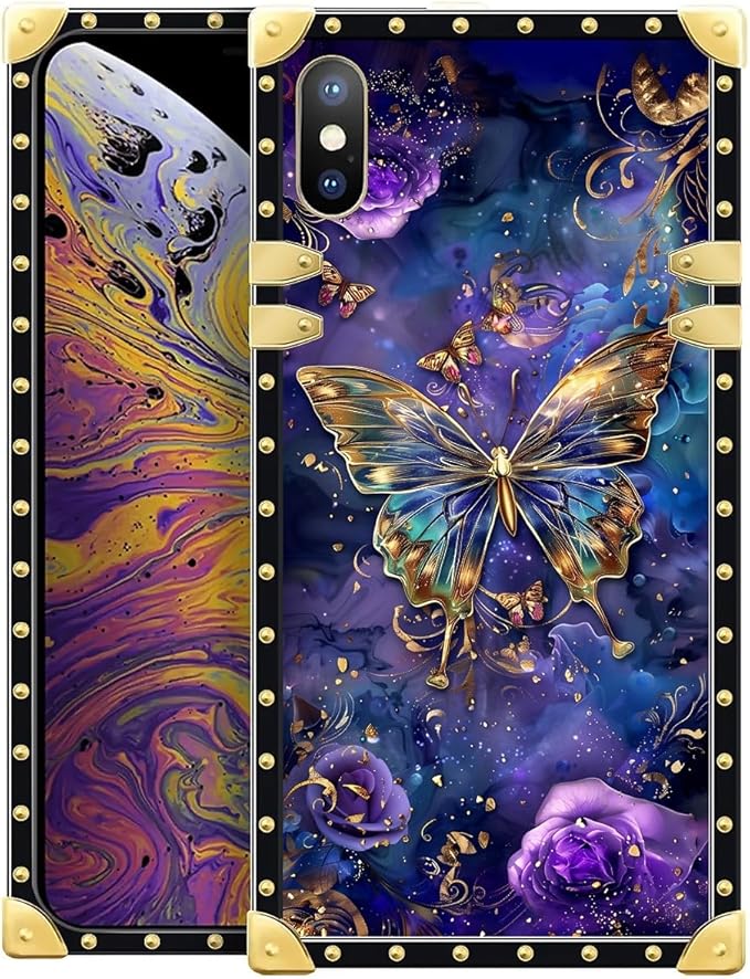 Compatible with iPhone XR Case, Glistening Golden Butterfly Vibrant Purple Blue Luxury Golden Decoration for Girl Women Soft TPU Shockproof Protective Hard PC Back for iPhone XR