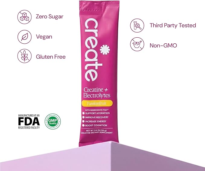 Create Creatine + Electrolytes Mix - Creatine Monohydrate Stick Packs, Supports Energy and Hydration, NSF Certified for Sport, 30 Count, Passion Fruit