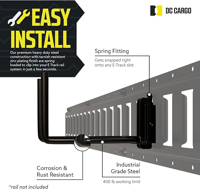 DC Cargo Mall Heavy Duty Hook Hanger E Track Accessories 7.5" Deep (4 Pack) - Garage Wall Mount, Box Truck, Enclosed Trailer, Storage ETrack System - Universal Storage Organizer System for Tools