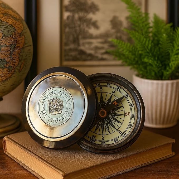 Marine Pocket Compass 1920 Vintage Brass Navigation Compass with Engraved Lid Antique Nautical Instrument