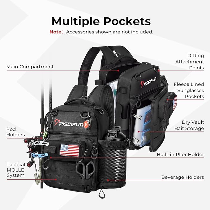 Piscifun Fishing Tackle Backpack, Convertible Sling or Waist Pack, 16-Pocket Storage Gear Bag with 2 Rod Holders & Rain Cover