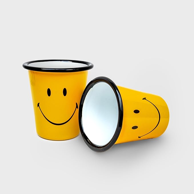 Suck UK Smiley Enamel Tumbler - Travel Tumbler - Camping Cup - Wine Cup - Camping Gifts - Outdoor Drinkware - Vintage Metal - Retro Coffee Enamelware - Stocking Stuffers - Happy Camper Gift - 10oz