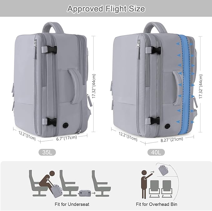 Sinaliy Travel Backpack for Women & Men, 40L Carry-On, 17-Inch Laptop, Waterproof, College Bookbag, Flight Approved