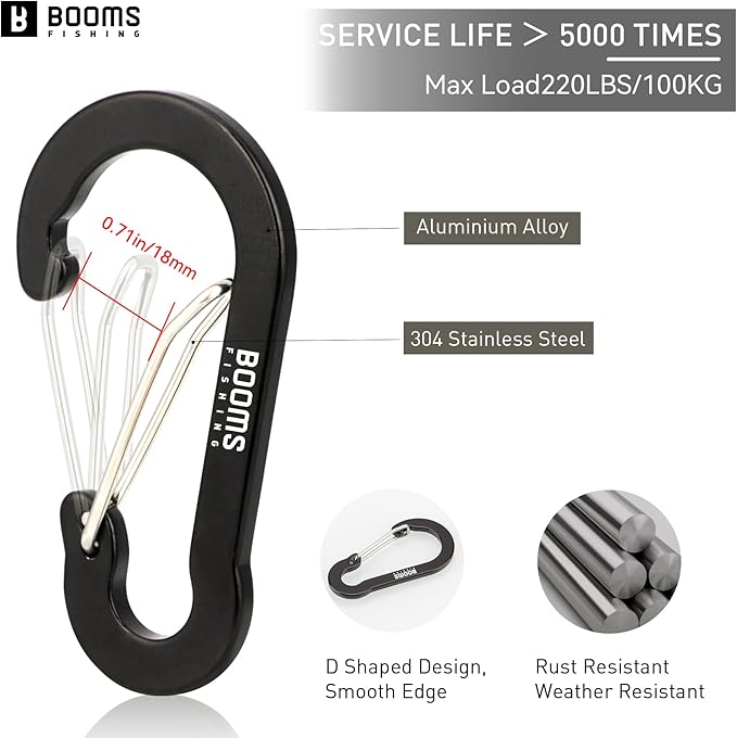 Booms Fishing CC5 Multi-Use Carabiner Clips, 10 Pack 2.3"/ 3.1" Caribeener Clips, Mini Keychain Caribeaner Clip, Aluminum D Ring Carabiners