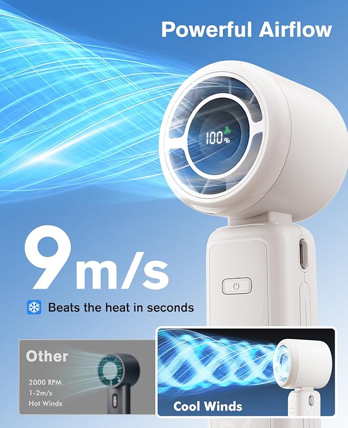 WHATOOK Portable Personal Handheld Fan: High Speed Cooling Fan, 12 Hours Battery Life, USB Rechargeable, Small Essentials for Women Cruise Travel, Beach Vacation (Ivory White)