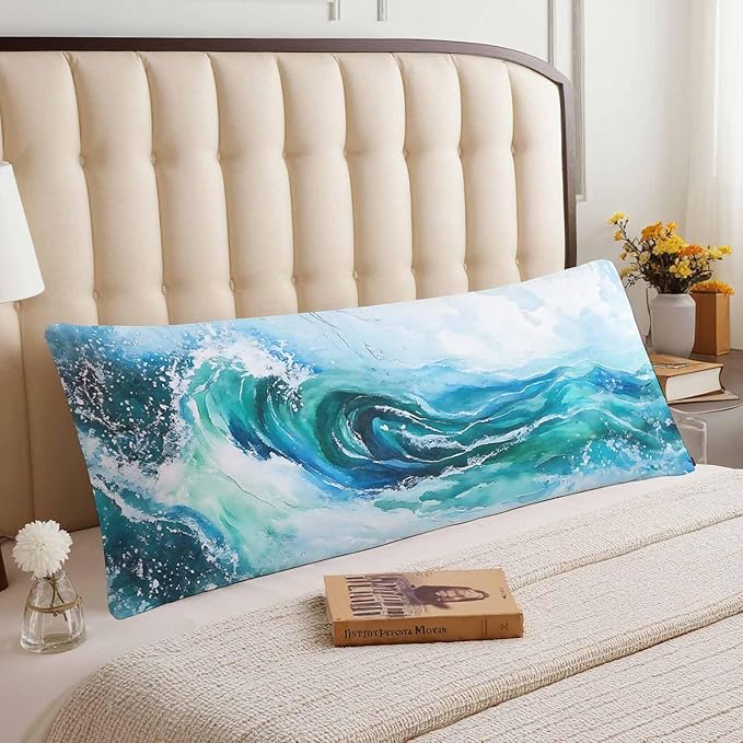 Couch Body Pillow Cover Ocean Wave Bedding Body Pillow Case for Men Women, Watercolor Sea Waves Blue Oblong Pillow Covers Throw Cushion Cases for Home Sofa Livingroom 20"X 54"