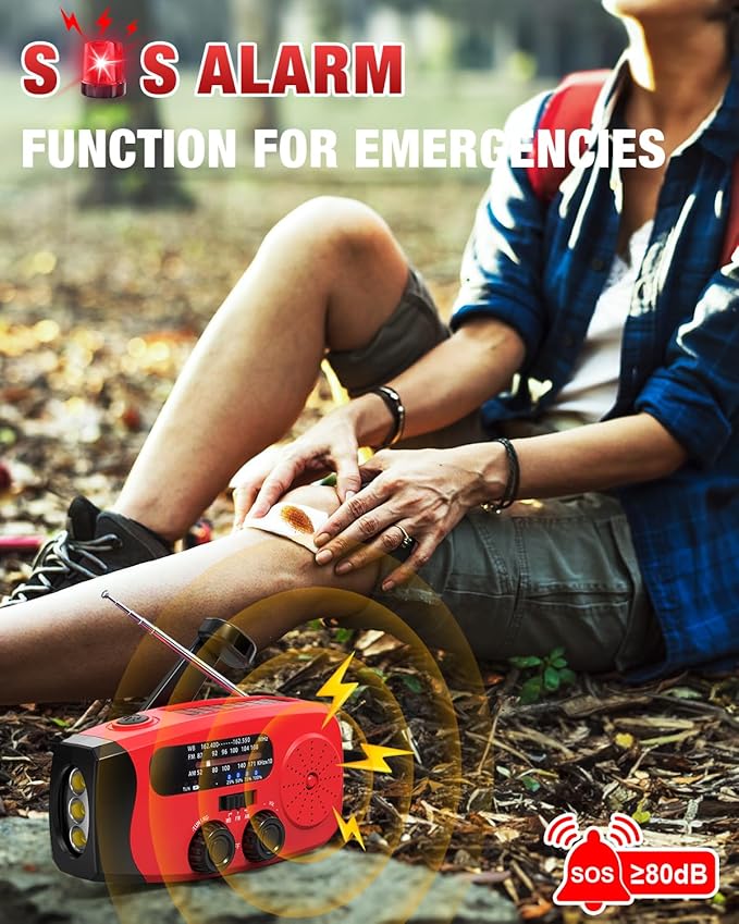Emgykit 086S Hand Crank Emergency Radio - 2000mAh/7400mWh AM/FM/NOAA Solar Hand Crank Emergency Radio with 3 LED Flashlight, SOS Function for Emergencies, Camping - Red