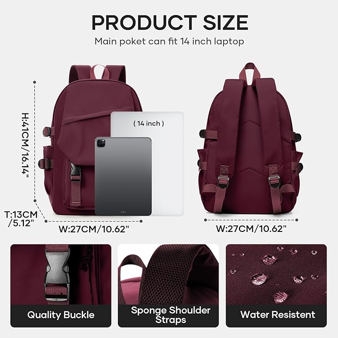 coowoz Lightweight School Bag Casual Daypack College Laptop Backpack for Men Women Water Resistant Travel Rucksack for Sports High School Middle Bookbag for girls(Red)