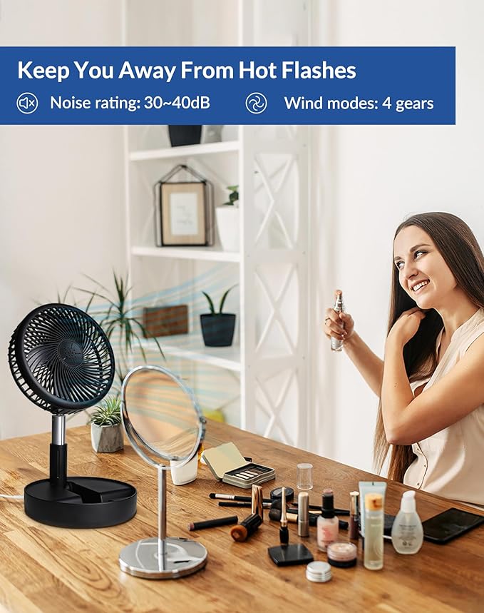 Primevolve Battery Operated Fan,Portable Rechargeable USB Floor Table Desk Fan with Adjustable Height, 4 Speed Settings Pedestal Fan for Bedroom Camping Travel,Black 7.7"