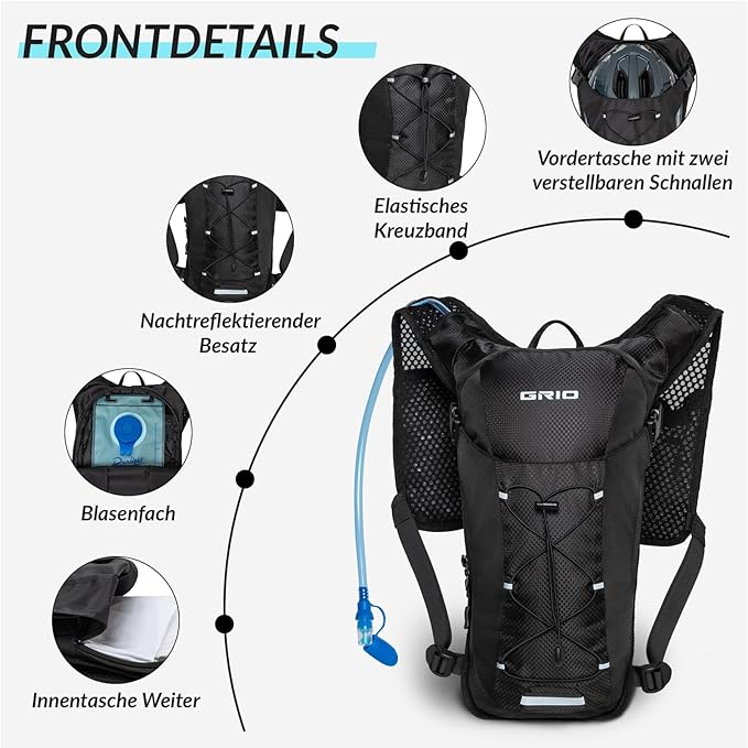 GRIO Hydration Running Vest for Women Men, Water Backpack for Hiking ,with 1.5L Water Bladder, Lightweight Breathable Reflective Hydration Pack for Marathon, Trail, Hiking, Cycling