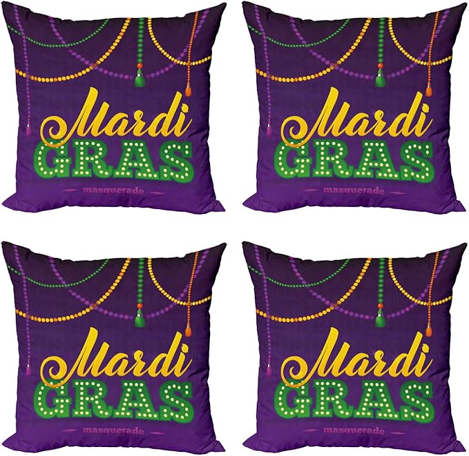 Ambesonne Mardi Gras Throw Pillow Cushion Case Pack of 4, Beads and Tassels Masquerade Theme Calligraphy Design Fun Print, Modern Accent Double-Sided Digital Printing, 24", Purple Marigold