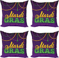 Ambesonne Mardi Gras Throw Pillow Cushion Case Pack of 4, Beads and Tassels Masquerade Theme Calligraphy Design Fun Print, Modern Accent Double-Sided Digital Printing, 20", Purple Marigold