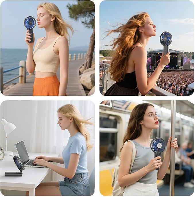 HandFan Upgraded 10,000 mAh Quiet Handheld Fan - 4.5 Inch Large Hand Held Fans Reahargeable, 180° Foldable Portable Fan [30 Working Hours] with Lanyard, Base for Disney/Travel/Concerts/Beach/Office