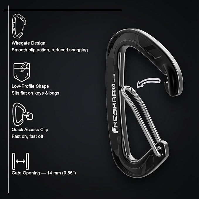 FresKaro 5pcs Nano Carabiner Clips, 8kN 1798lbs, Small Sturdy, Reliable Time-Tested Strong Spring Wiregate, Mini Size 2.37inch, Choice of 5colors