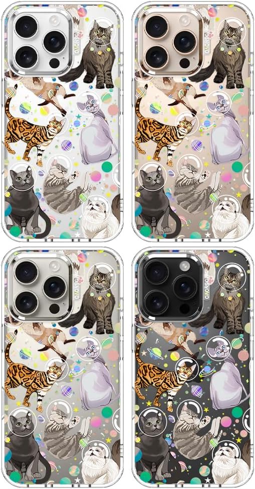 MOSNOVO Case for iPhone 16 Pro, [Buffertech 6.6ft Military-Grade Drop Protection] [Anti Peel Off Tech] Clear TPU Bumper Phone Case Cover Design - Space Cat