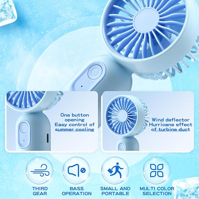 Rossesay 1 Pcs Mini Portable Fan Bulk Cute Handheld Lightweight Small Little Personal Hand Eyelash Fan 3 Speeds USB Rechargeable for Women Men Indoor Outdoor Makeup Travel (Blue)