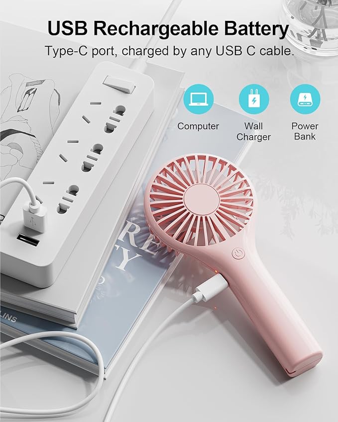 TriPole 2 Pack Mini Portable Handheld Fan Pink, 3 Speeds Powerful Personal Battery Hand Held Fan for Travel Trip Outdoor Concerts, Cute Small Rechargeable Lash Fan for Makeup Skincare Drying