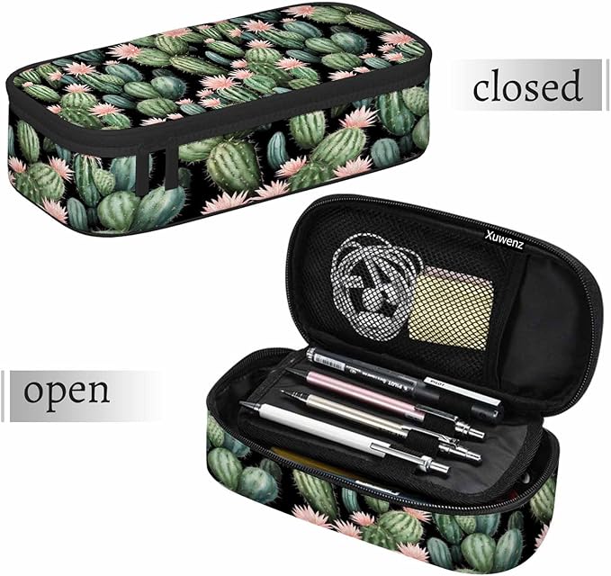 Vintage Cactus Pencil Holder Bag Cute Pink Flower Spikes Summer Pencil Case College Office School for Teens Boy Girl