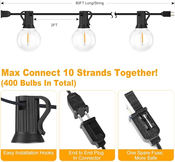 Bosceos 80FT Outdoor G40 LED Globe String Lights Dimmable Waterproof Shatterproof Light Strings with 40 Bulbs Connectable Commercial Hanging Lights for Christmas Patio House Backyard Balcony Party