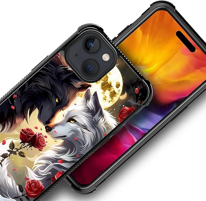 for iPhone 15 Case, Black White Wolf Moon Flower Rose Pattern Graphic Design Girl Boy Soft Silicone Hard Acrylic Shock Protection for iPhone 15