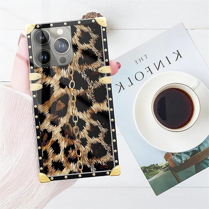 Compatible with iPhone 15 Pro Max Case, Seamless Gold Chain Leopard Luxury Golden Decoration for Girl Women Soft TPU Shockproof Protective Hard PC Back for iPhone 15 Pro Max