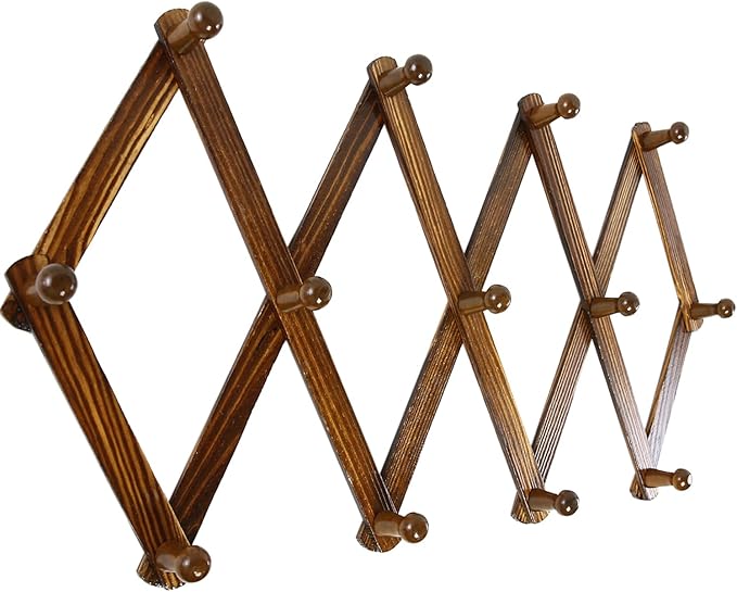 AMAPON Accordion Style Expandable Wall Wooden Coat Rack 13 Hooks (Pegs) Hang Hats Jackets Coffee Mug Purses Necklaces Towels Cap Leash Scarves Data Line Kitchenware (Walnut 2 Packs)