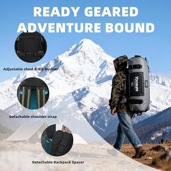 80L Waterproof Duffel Bag Motorcycle Dry Bag Backpack, Waterproof Zippered Bags with Backpack Spacer Pad for Kayaking Rafting Boating Canoeing Camping Paddle Beach (Grey)