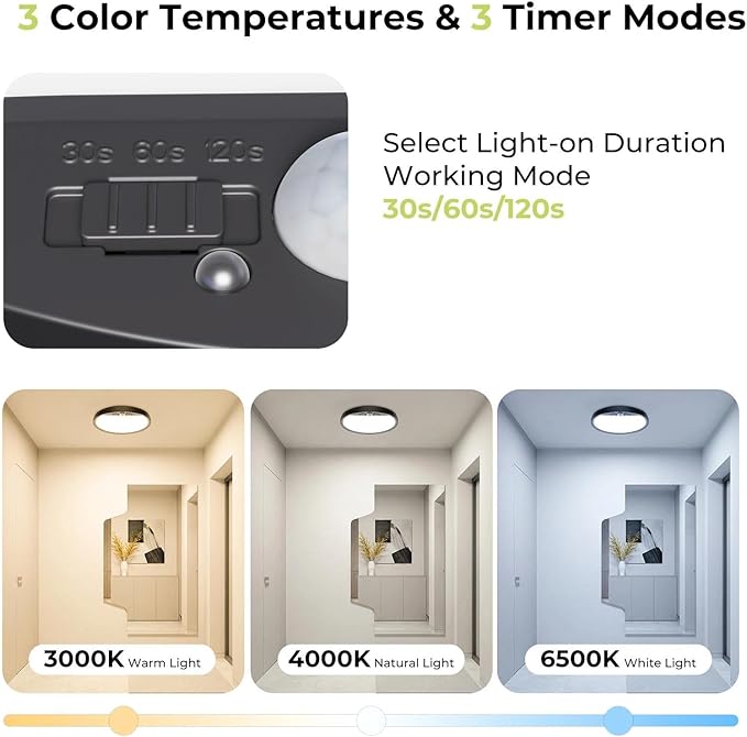 hepside Motion Sensor Ceiling Light Wired, 3000K/4000K/6500K LED Flush Mount Ceiling Light Fixture, 7Inch 15W Motion Sensor Light with Timer for Closet Stair Porch Hallway Pantry,Black