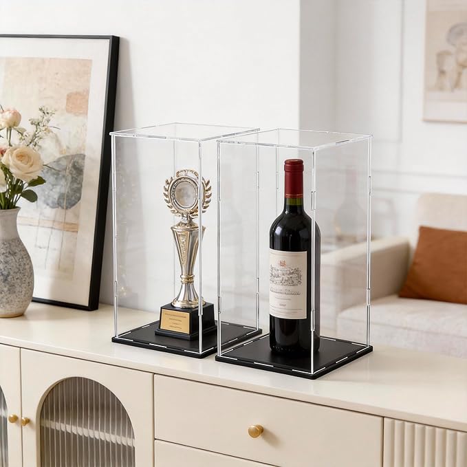 SVENJBB Display Case for Red Vine Bottle, Acrylic Box for Trophy and Toy Figures, Clear Acrylic Display Cases with Matte Black Base for Collection Protection and Storage, 5x5x14 inch