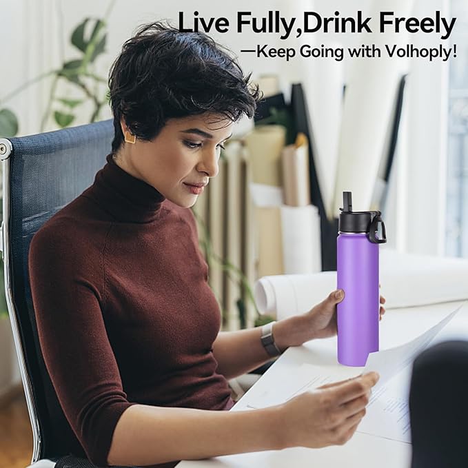 Volhoply 24 Ounce Insulated Water Bottle With Straw Lid,Stainless Steel Wide Mouth Sport Bottles With Handle,Double Wall Vacuum Cups keep Cold,Reusable Travel Thermal Cups For Holder,Gym(Purple,1)