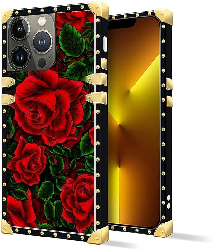 Compatible with iPhone 13 Pro Max Case, Vector Red Rose Green Leaf Luxury Golden Decoration for Girl Women Soft TPU Shockproof Protective Hard PC Back for iPhone 13 Pro Max