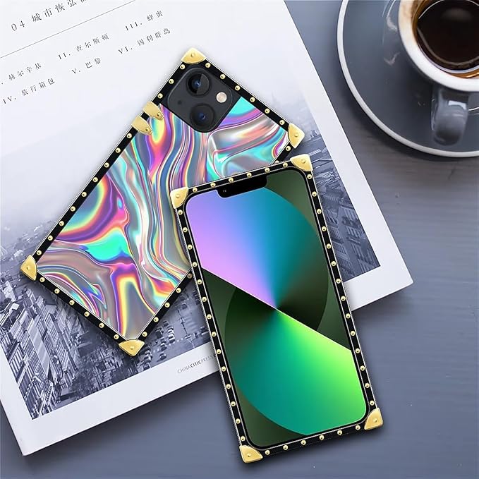Compatible with iPhone 13 Case, Holographic Abstract Iridescent Textures Luxury Golden Decoration for Girl Women Soft TPU Shockproof Protective Hard PC Back for iPhone 13