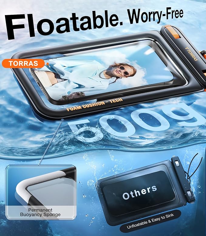 TORRAS IP68 Waterproof Phone Pouch Double Space, Floating Waterproof Phone Case with Lanyard for iPhone 17 Pro Max 16 15 14 S26 S25, Phone Dry Bag Vacation Cruise Ship Travel Essentials 7.0'', Black