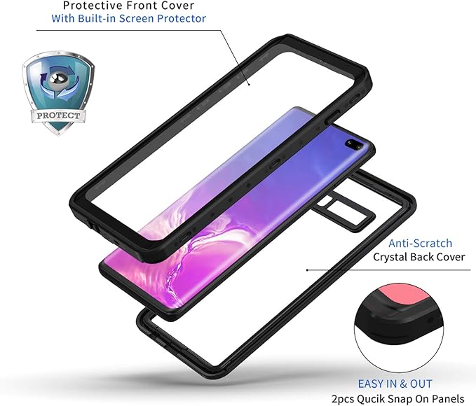 Lanhiem for Samsung Galaxy S10+ Plus Case, IP68 Waterproof Dustproof Case with Built-in Screen Protector, Rugged Full Body Shockproof Protective Cover for Galaxy S10 Plus (Black/Clear)