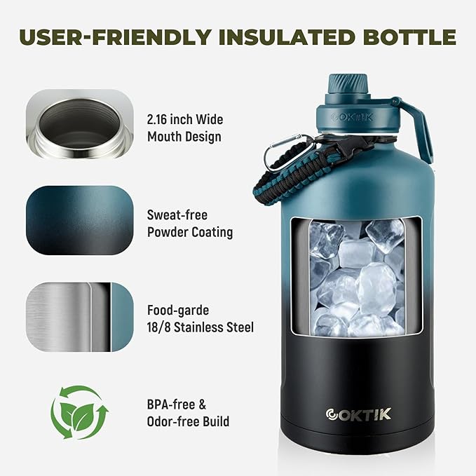 COKTIK 128oz Insulated Water Bottle - Stainless Steel Vacuum Metal, Portable 1 Gallon Large-Capacity Sports Bottle with Straw, Carry Bag and Handle Strap, Ideal for Gym & Hiking(Dark Night)