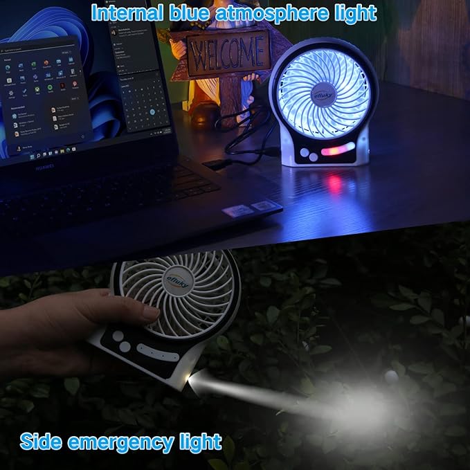 efluky 3-Speed Mini Desk Fan with LED Light, Portable USB Fan Quiet for Home, Office, Travel, Camping, Outdoor, Indoor, 4.9-Inch, White