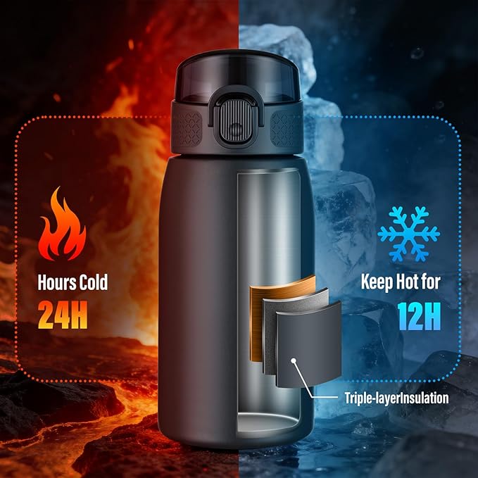Insulated Water Bottle 12 oz with Dustproof Lid, Carry Handle & Tea Infuser, BPA-Free & Leakproof, Stainless Steel Water Bottles Ideal for Fitness, Hiking, Office & Outdoor Use （Cold Gray ）