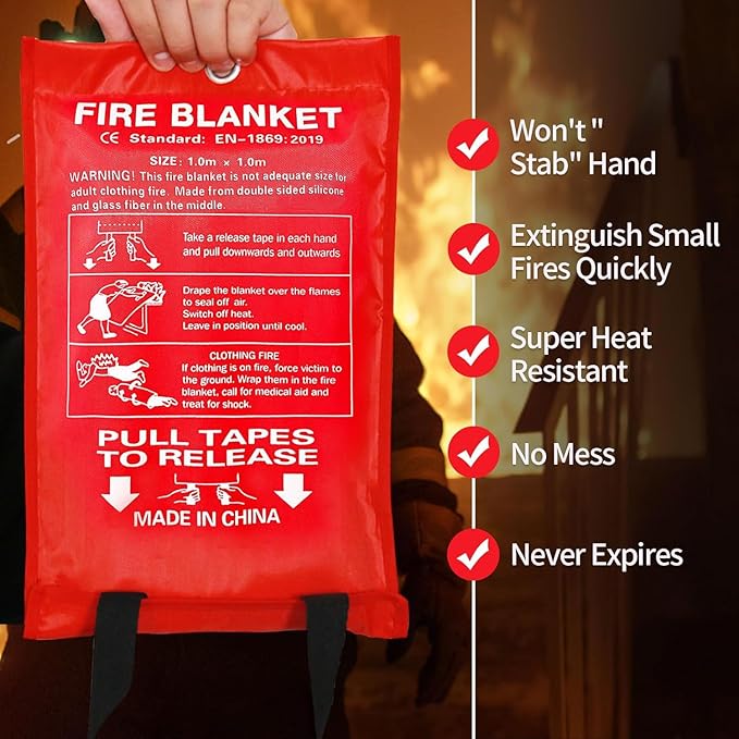 2 Pack Fire Blankets Emergency for Home, 40” x 40” Silicone-Coated Fiberglass Fire Blanket for Home and Kitchen, Skin-Safe Silicone Layer — No Itching, No Dust
