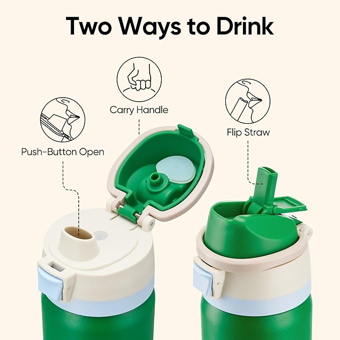 Fijinhom 32 oz Insulated Water Bottle with 2-in-1 Straw and Spout Lid, Stainless Steel Double Wall Vacuum Flask, Sports Water Bottle Keeps Cold 24H, Leak Proof for Gym, Outdoor, Travel (Green)