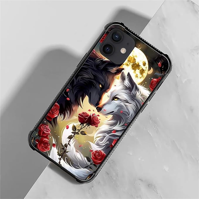 for iPhone 12/12 Pro Case, Black White Wolf Moon Flower Rose Pattern Graphic Design Girl Boy Soft Silicone Hard Acrylic Shock Protection for iPhone 12/12 Pro