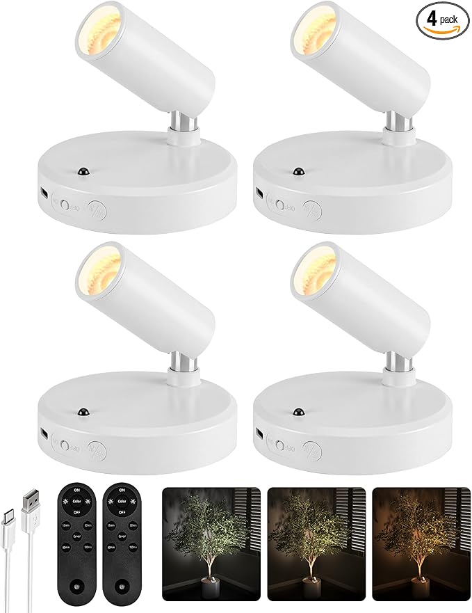 EZVALO Spot Lights Indoor, 5500mAh Rechargeable Plant Spotlights with Remote, Wireless Mini Art Accent Light with Timer & Dimmable, 3-CCT, Uplights Indoor for Plants, Display, Artwork (4-Pack-White)