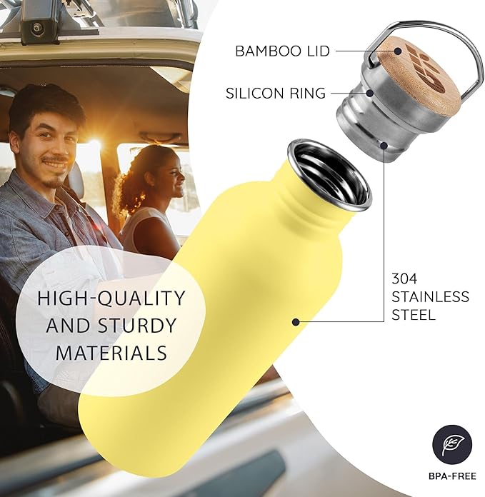 Bambaw Stainless Steel Water Bottle 32 oz, Non-insulated Yellow Beam with Handle, Dishwasher Safe