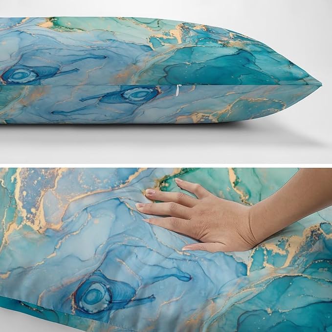Teal Marble Throw Pillow Covers Set of 2 Queen Size Turquoise Blue Gold Natural Luxury Abstract Fluid Pillow Cushion Cases Standard Pillow Cases Decorative Pillowcase 20X30 Inch for Sofa Bed