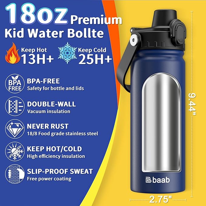 baab 18oz Kids Water Bottle, Insulated Kids Water Bottle with Lockable Spout Lid & Stickers, 18/8 Stainless Steel Vacuum Leakproof Kid Water Cup with Handle for Boy Girl & School (Navy Blue, 1 Pack)